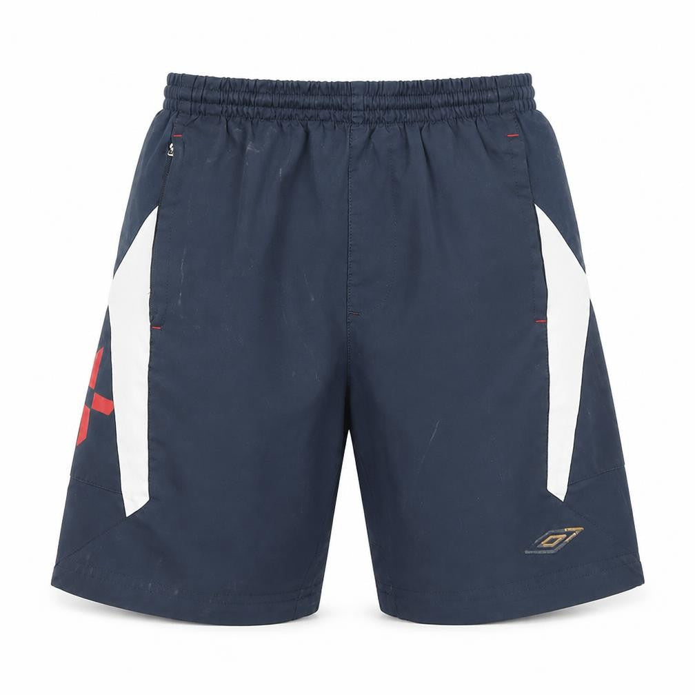 Front view of Umbro boys’ blue athletic football shorts, size 146, quick dry sportswear