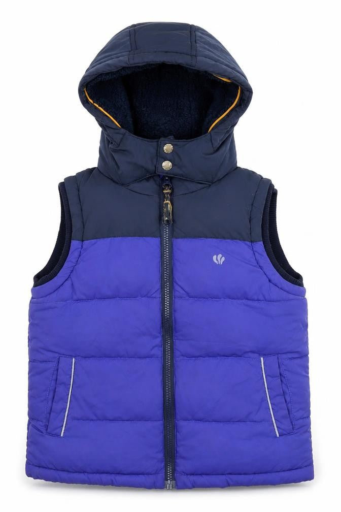 Front view of FatFace boys’ blue hooded puffer gilet 6-7 years winter jacket