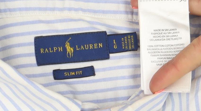 Ralph Lauren Men's Blue Slim Fit Striped Cotton Short Sleeve Shirt Size L