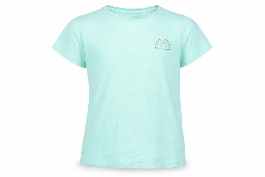 Front view of Next girls’ 9 years green rainbow embroidered cotton short sleeve t-shirt