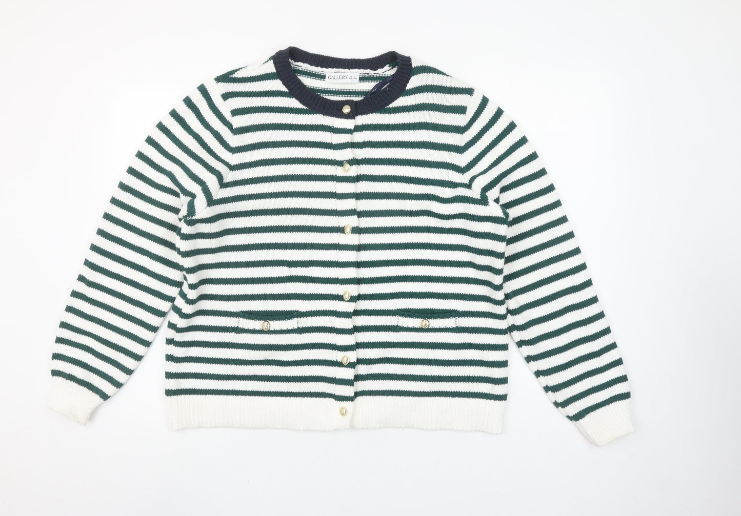 Gallery Womens Green White Striped Cardigan L Knit Button Jumper