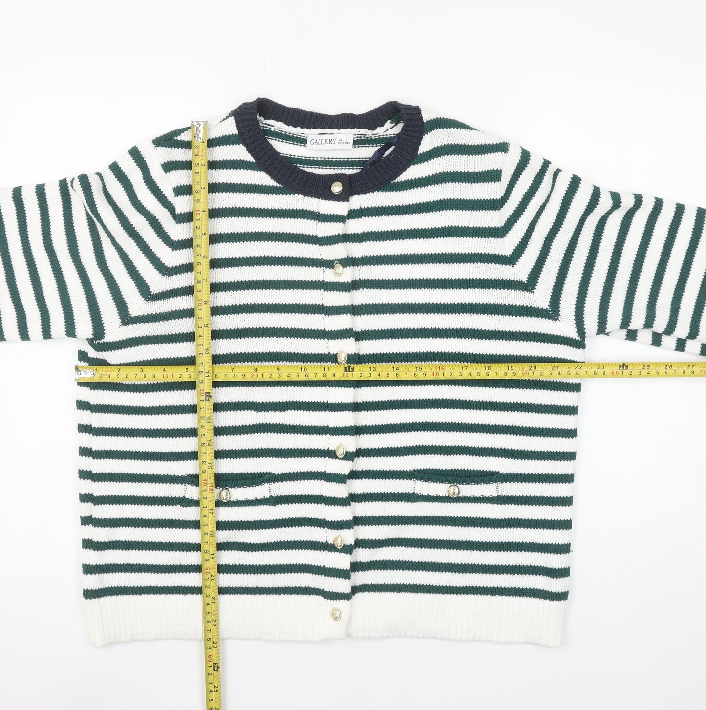 Gallery Womens Green White Striped Cardigan L Knit Button Jumper