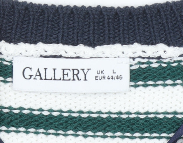 Gallery Womens Green White Striped Cardigan L Knit Button Jumper