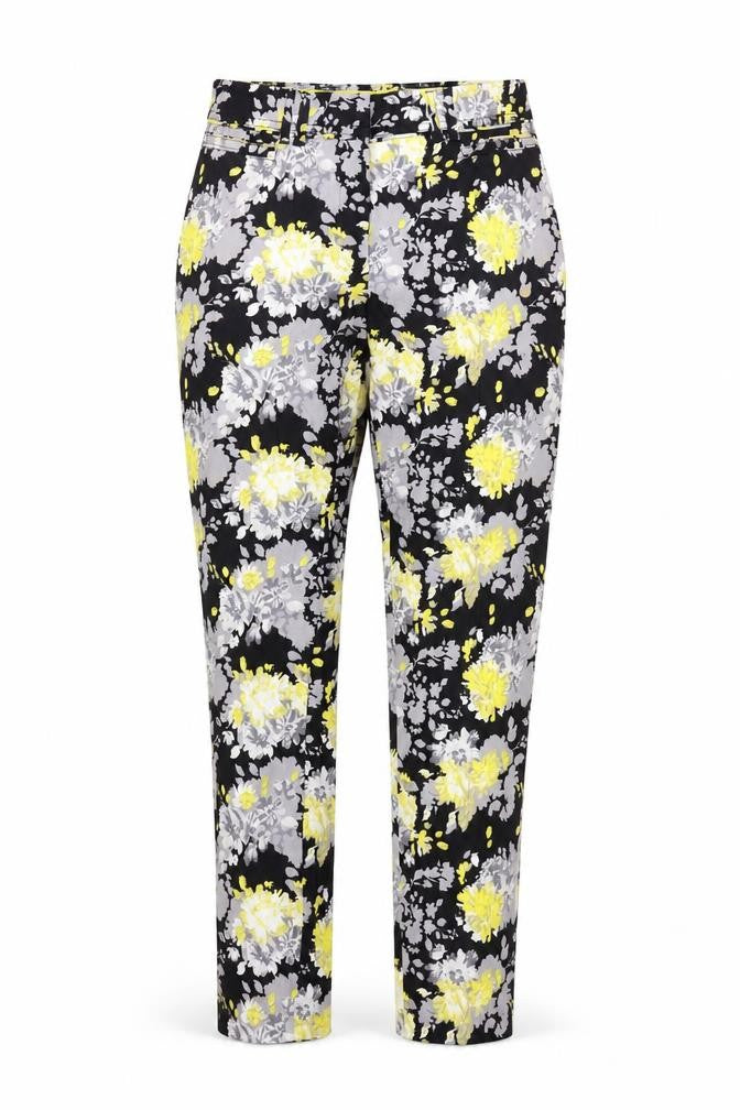 Front view of Dunnes Women Floral Print Cropped Trousers Black Yellow, size 10, Cotton Stretch