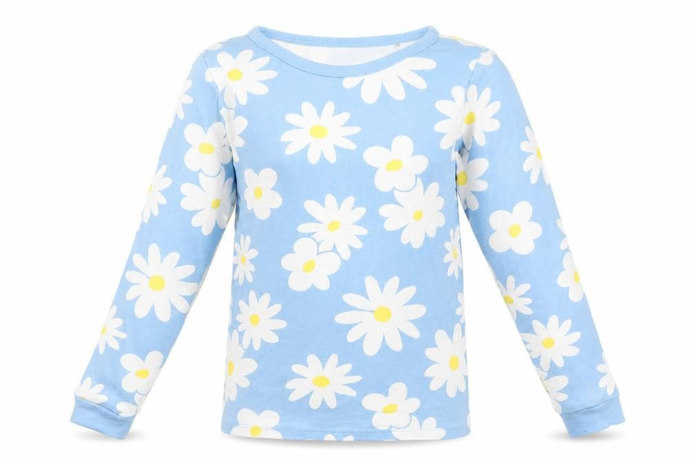 Front view of Dunnes girls’ blue daisy floral long sleeve cotton pyjama top 8-9 years