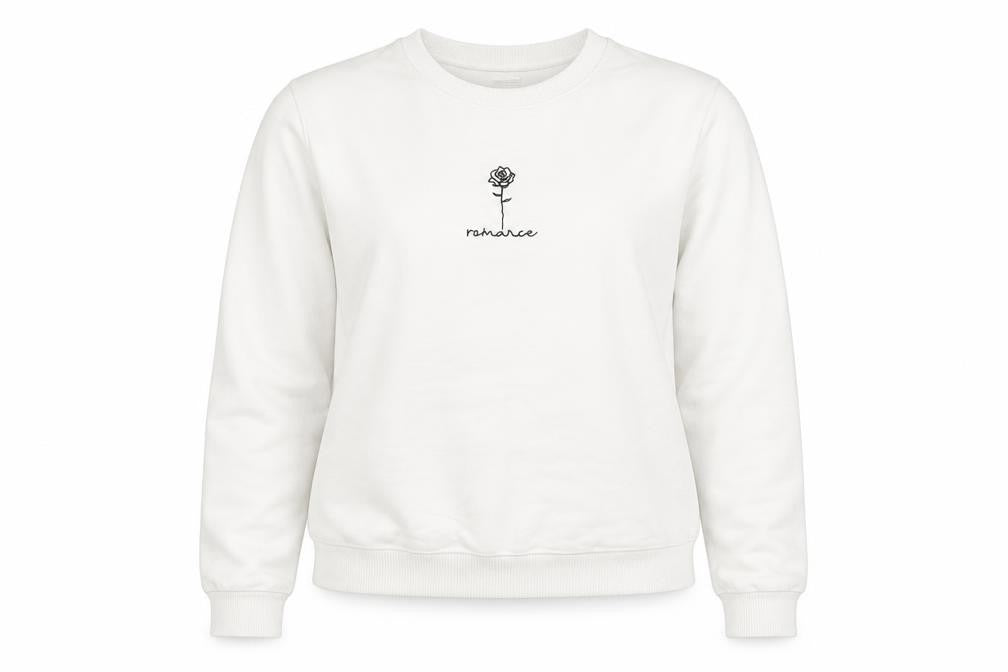 Front view of ASOS Women’s White Pullover Sweatshirt UK 8 Crew Neck Cotton ‘Romance’ Print