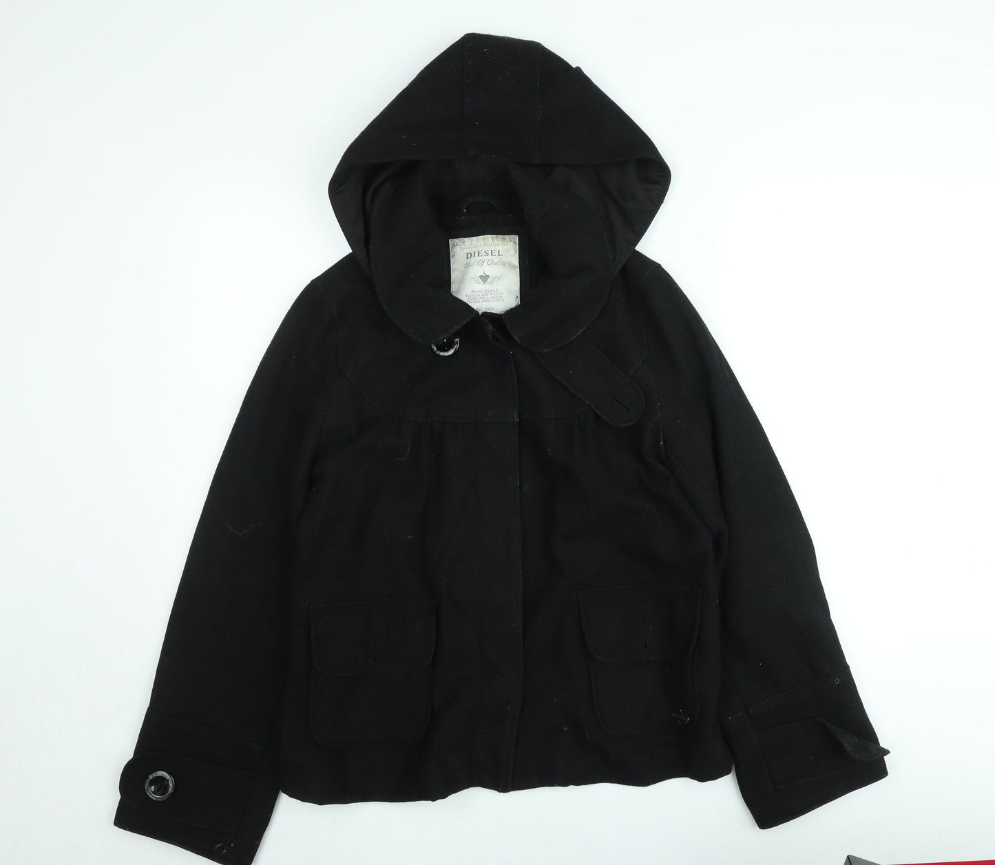 Diesel Women's Black Wool Blend Hooded Short Coat L