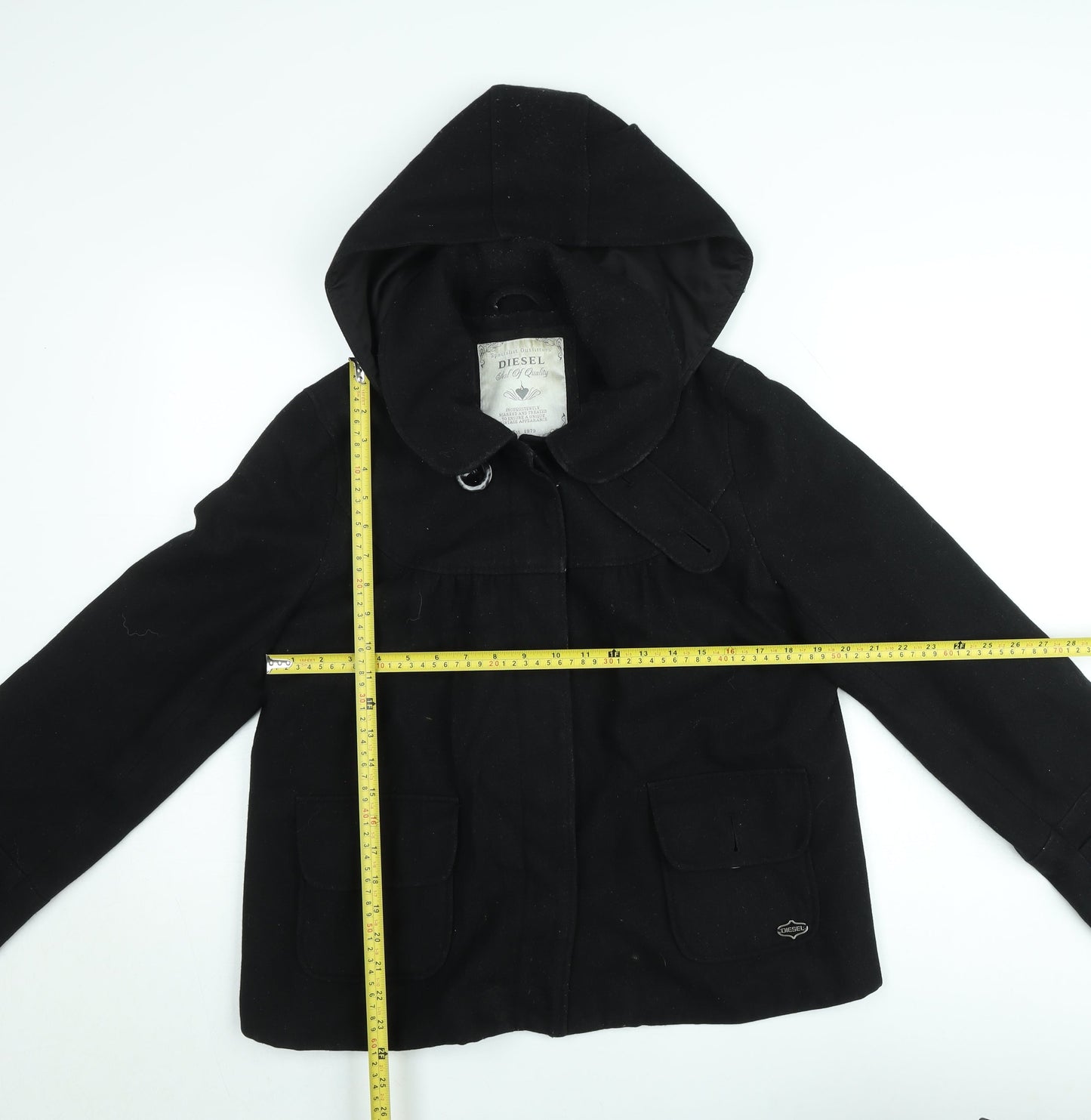 Diesel Women's Black Wool Blend Hooded Short Coat L