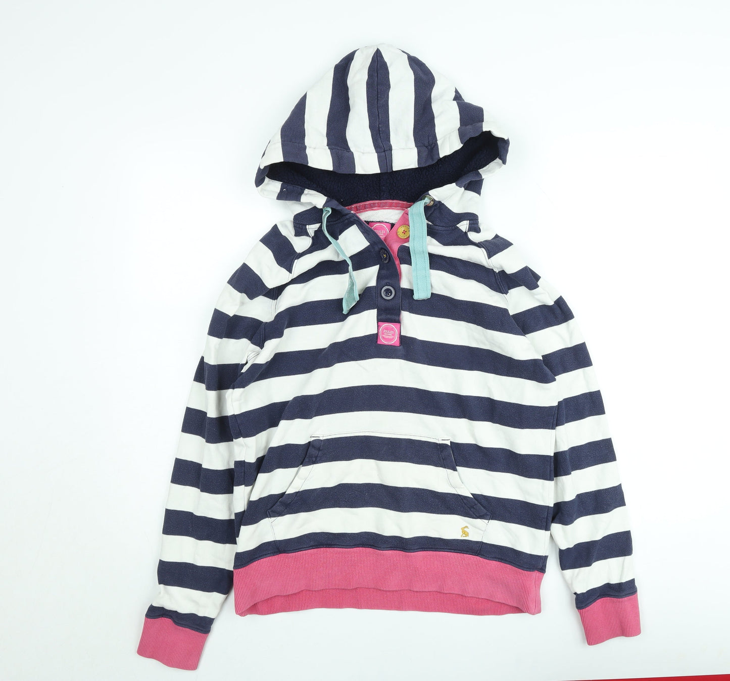 Joules Women’s Navy Striped Henley Hoodie Size 12 Cotton Blend