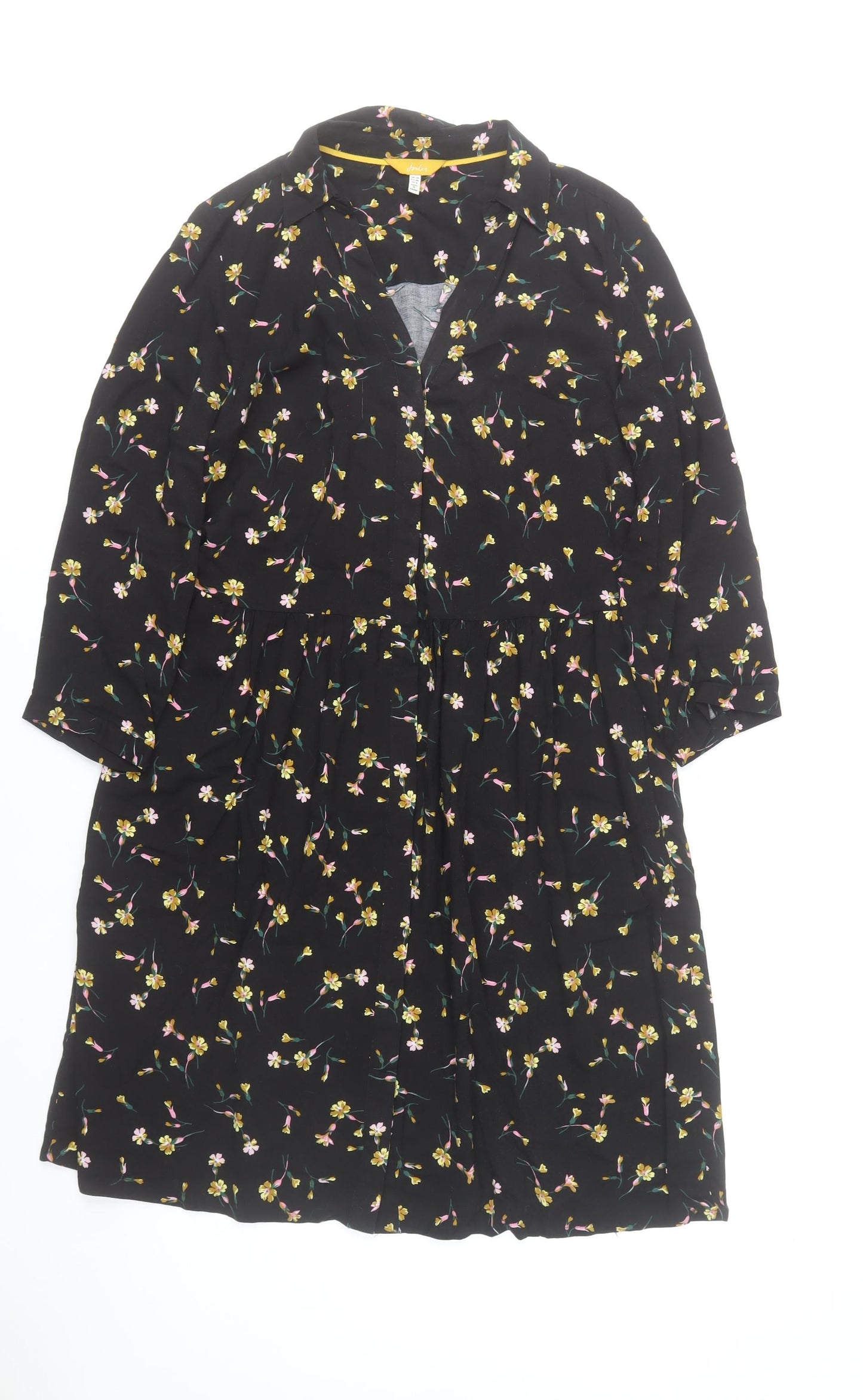 Joules Women Black Floral 3/4 Sleeve Viscose Shirt Dress Size 10