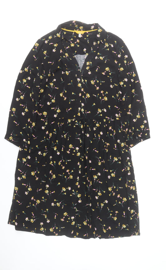 Joules Women Black Floral 3/4 Sleeve Viscose Shirt Dress Size 10