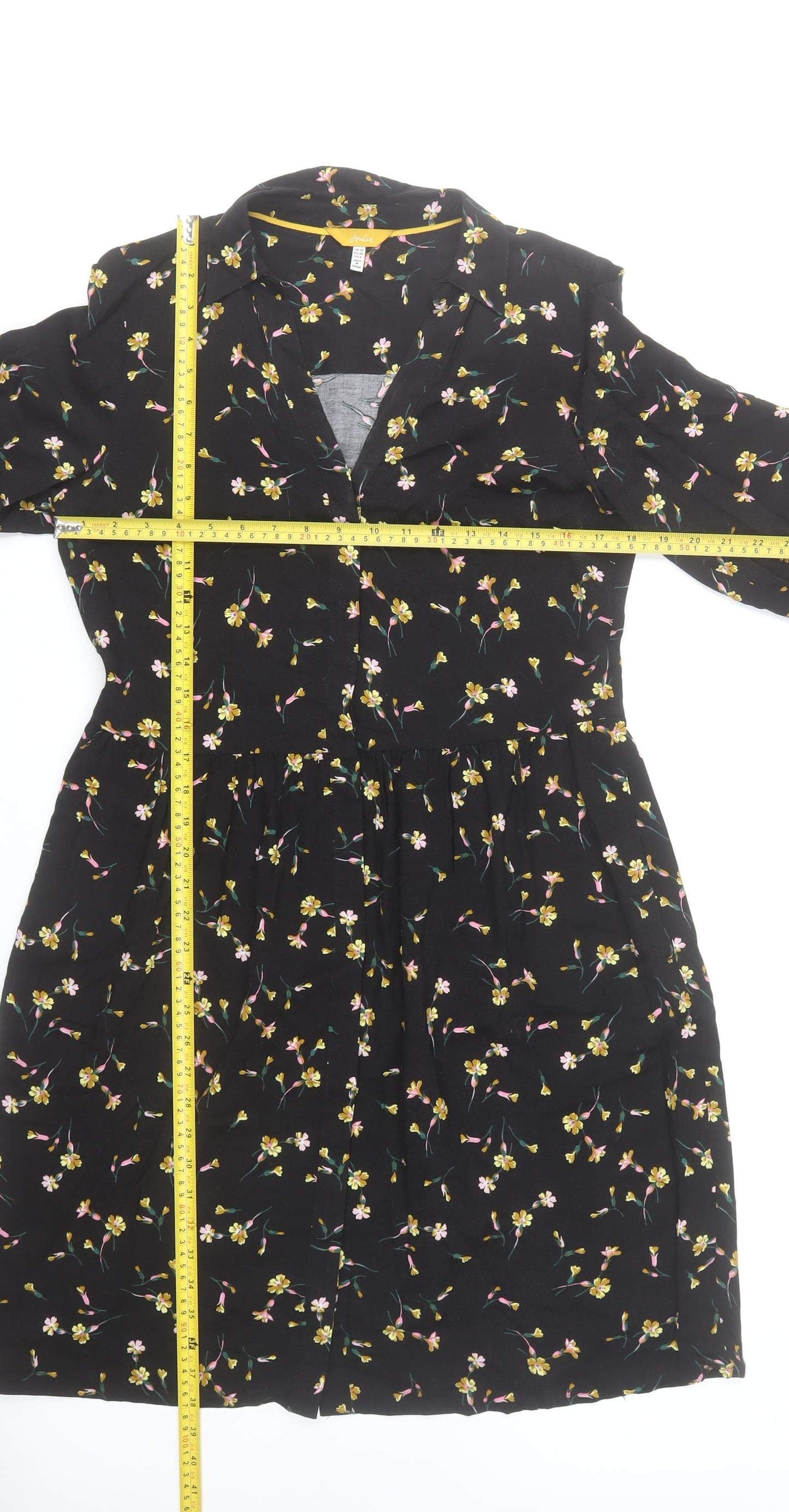 Joules Women Black Floral 3/4 Sleeve Viscose Shirt Dress Size 10