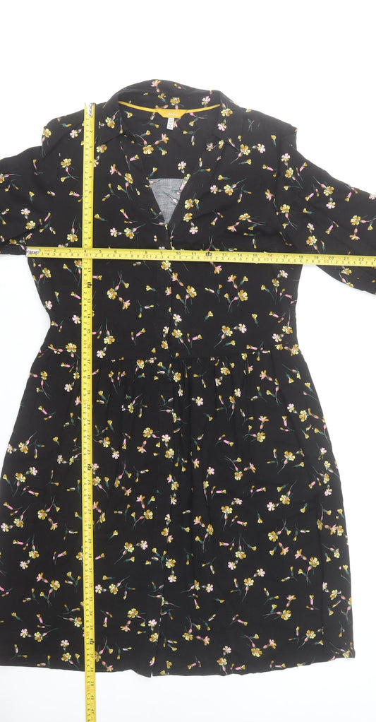Joules Women Black Floral 3/4 Sleeve Viscose Shirt Dress Size 10