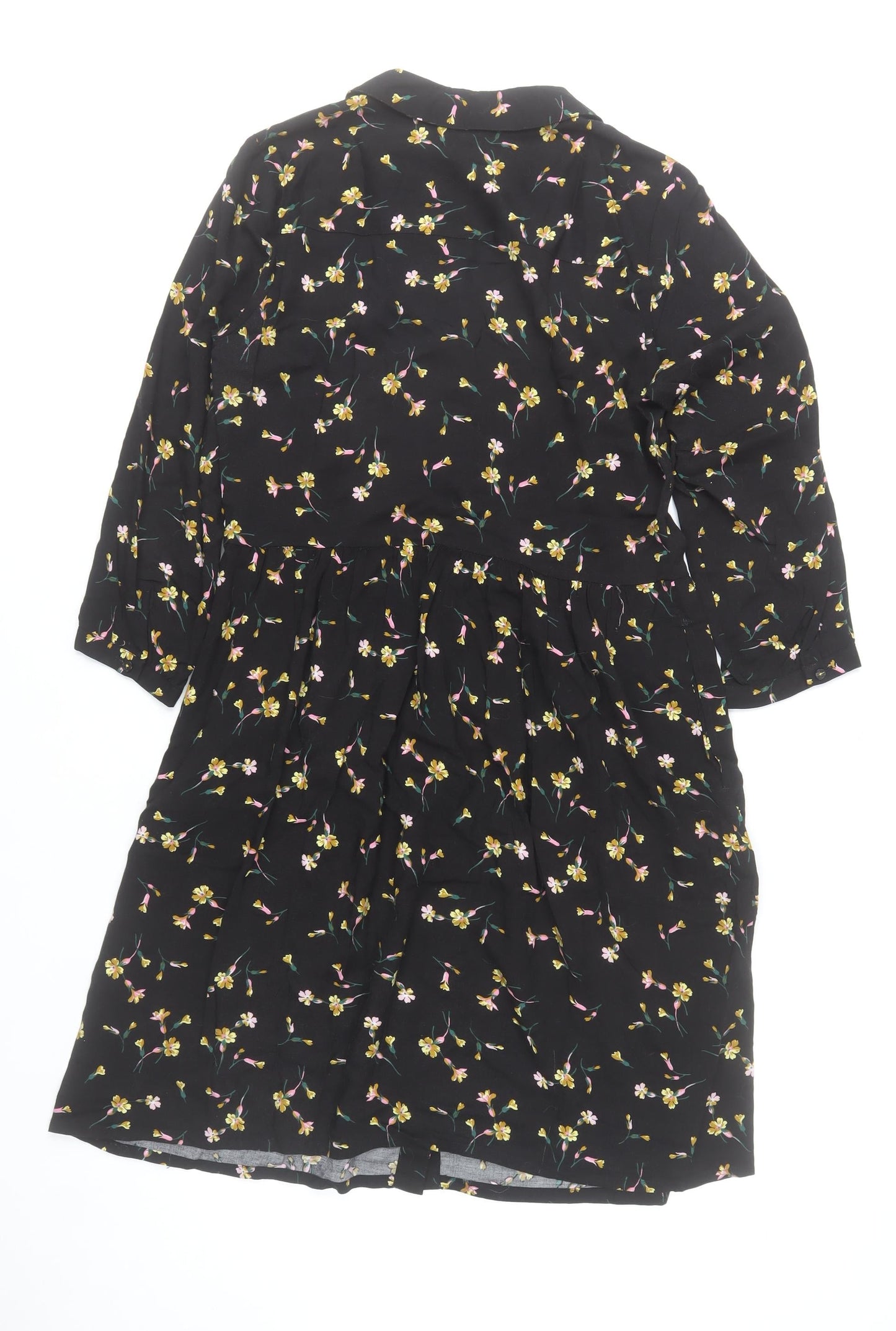 Joules Women Black Floral 3/4 Sleeve Viscose Shirt Dress Size 10