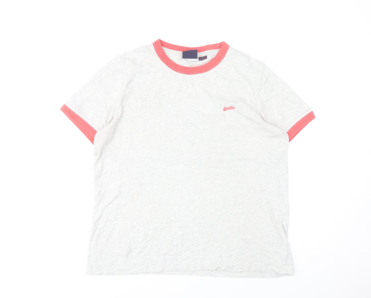 Superdry Womens Grey & Coral Ringer T-Shirt UK 12 Cotton Casual Top