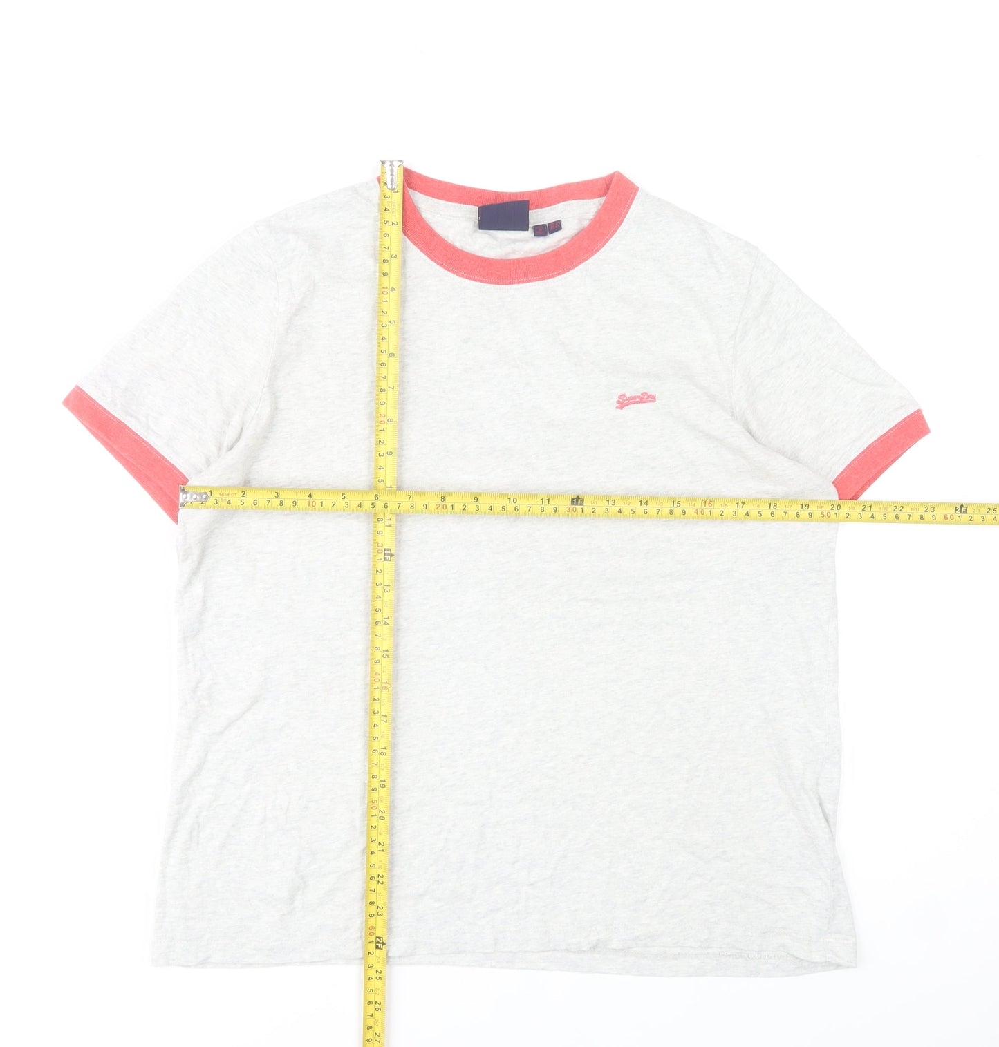 Superdry Womens Grey & Coral Ringer T-Shirt UK 12 Cotton Casual Top