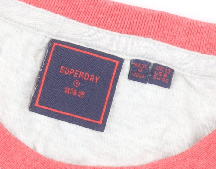 Superdry Womens Grey & Coral Ringer T-Shirt UK 12 Cotton Casual Top