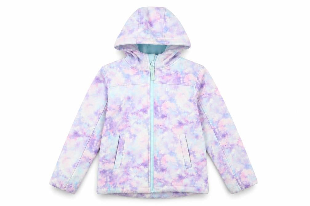 Front view of Mountain Warehouse girls’ pastel tie dye soft shell hooded jacket 7-8 years