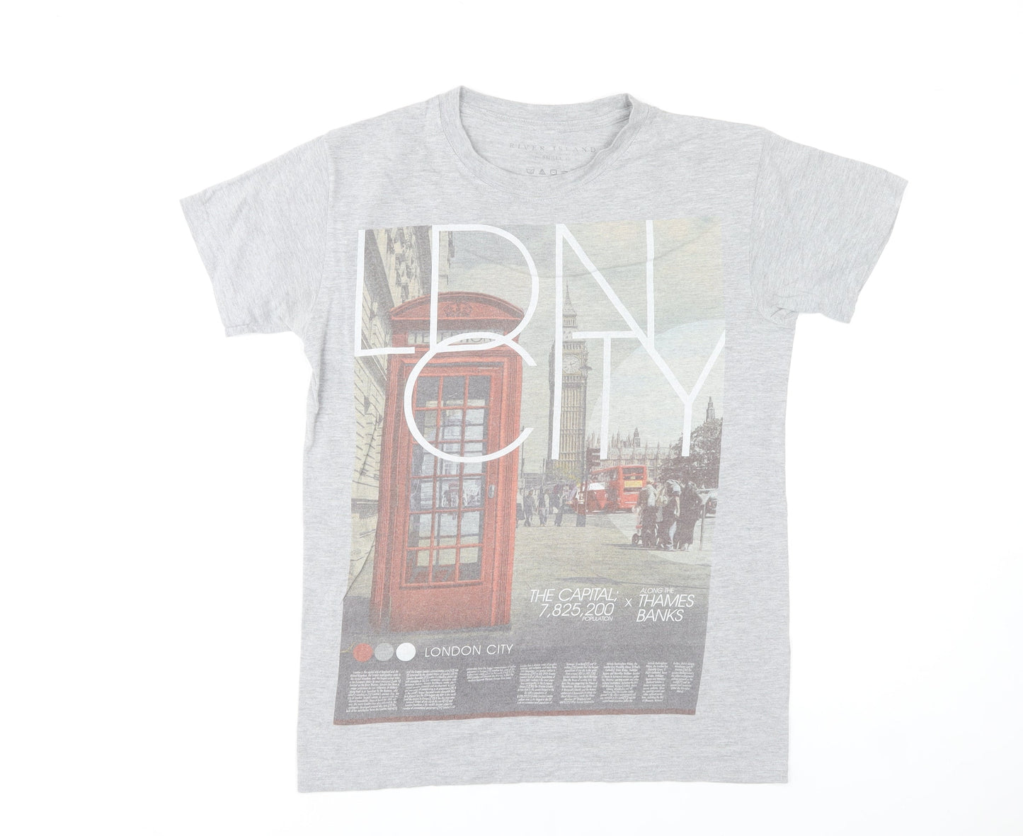 River Island Men's Grey London City Graphic Cotton T-Shirt Size S