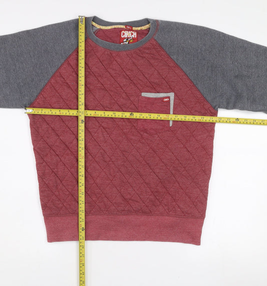 Cinch Mens Red Grey Quilted Crew Neck Jumper Size L