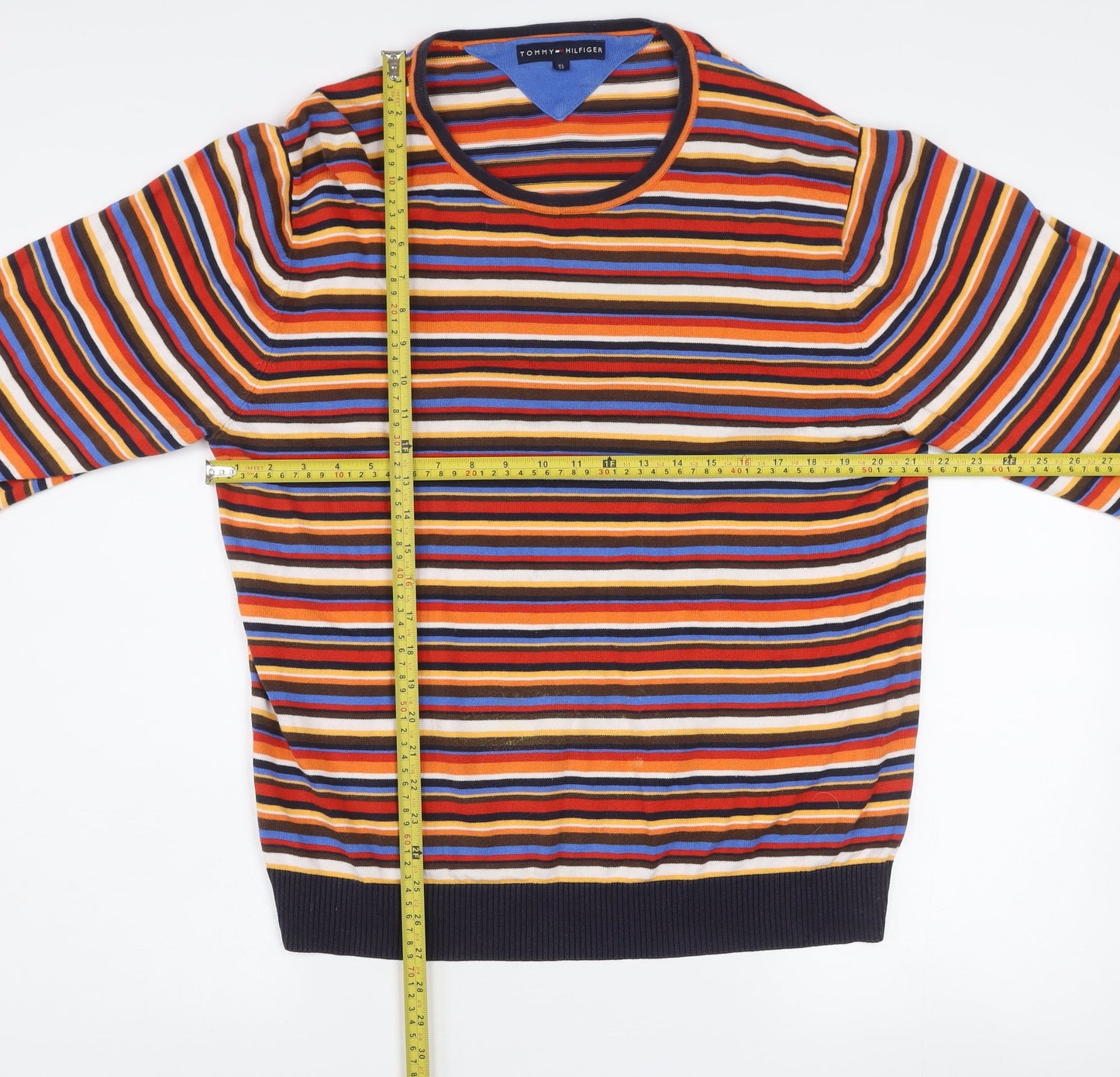 Tommy Hilfiger Men's Multicoloured Striped Cotton Crew Neck Jumper XL