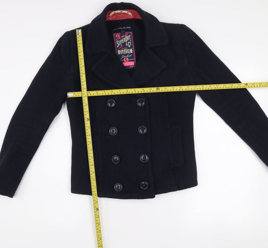 Superdry Women's Blue Wool Classic Pea Coat Jacket Size S