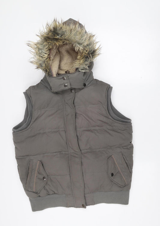 Fat Face Women’s Grey Hooded Puffer Waistcoat Size 14 Winter Lined