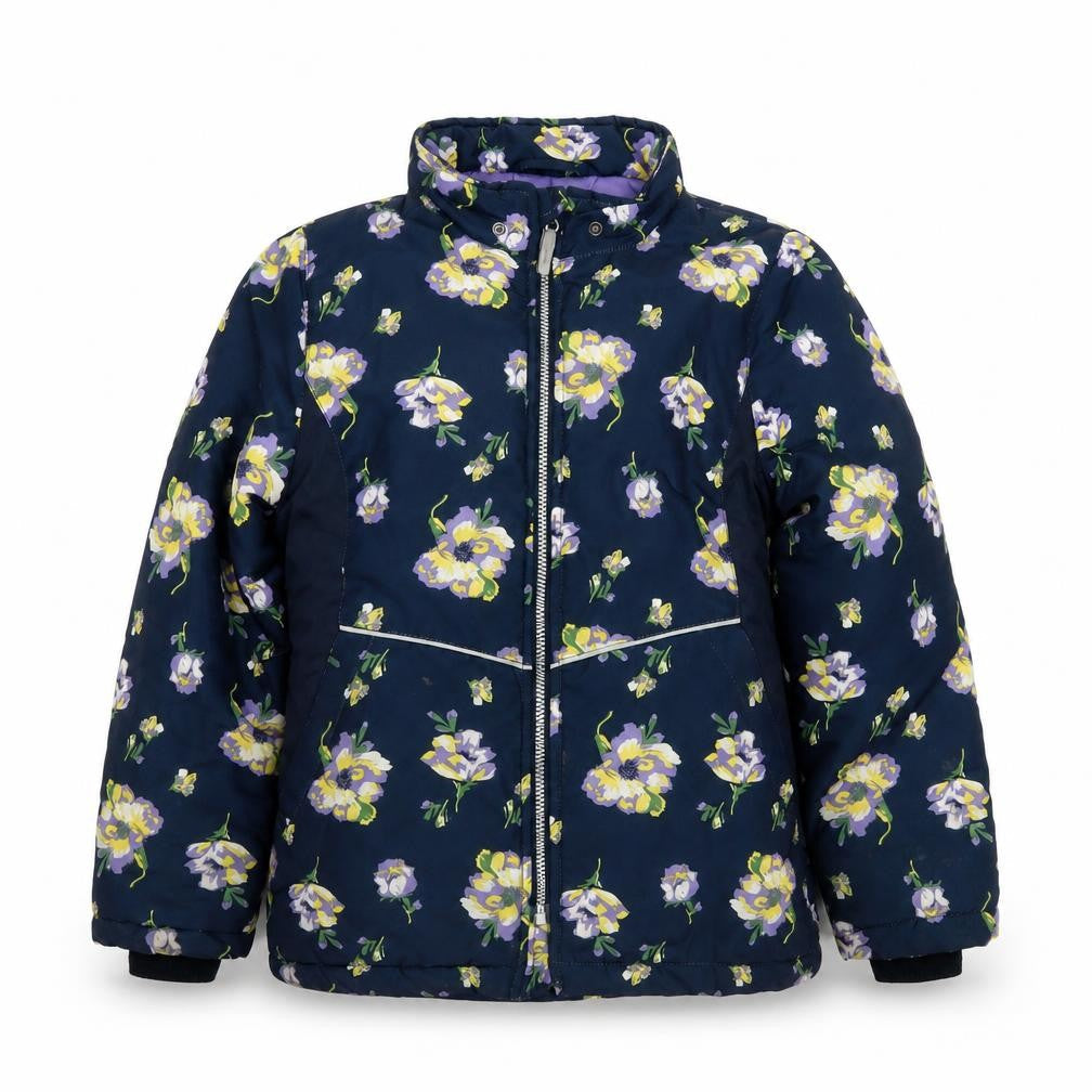 Front view of NAME IT girls’ blue floral puffer jacket 10 years winter full zip