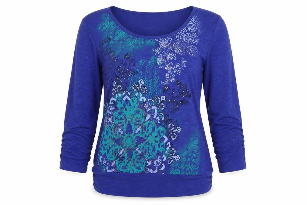 Style & Co. Women Blue Floral Beaded 3/4 Sleeve Top Size M