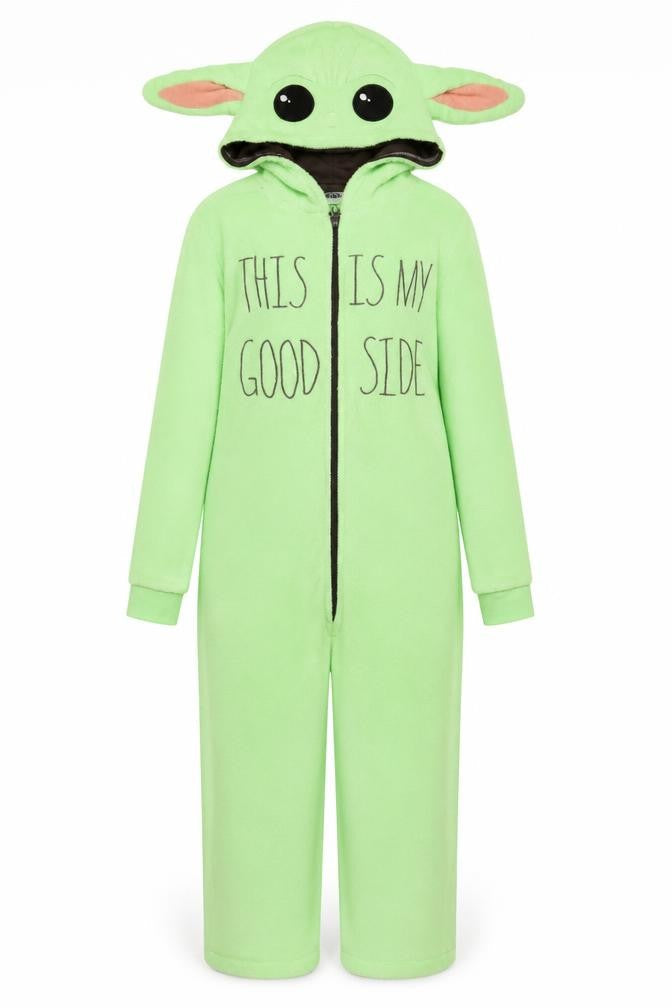 Front view of Star Wars Women’s Green Fleece Onesie S The Child Hooded Zip Up