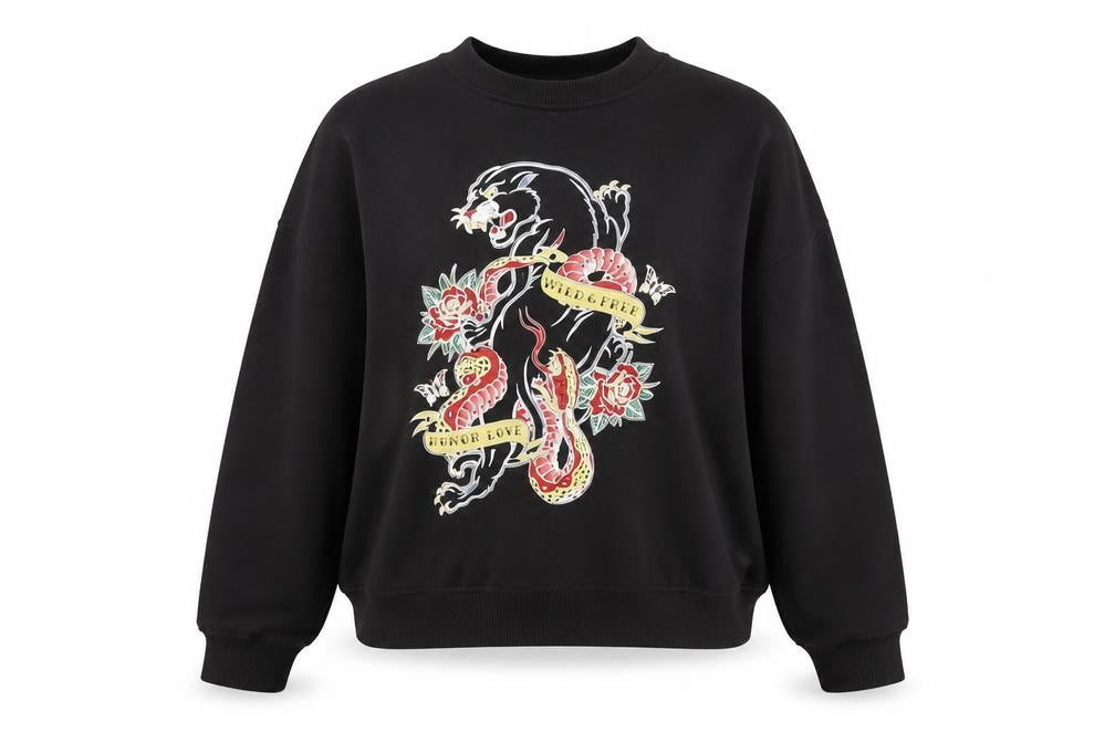 H&M Divided Womens Black XL Pullover Sweatshirt Panther & Snake Print