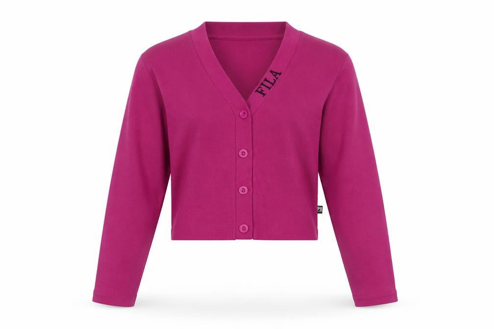 Front view of Fila women’s pink cropped button up logo jacket, size M