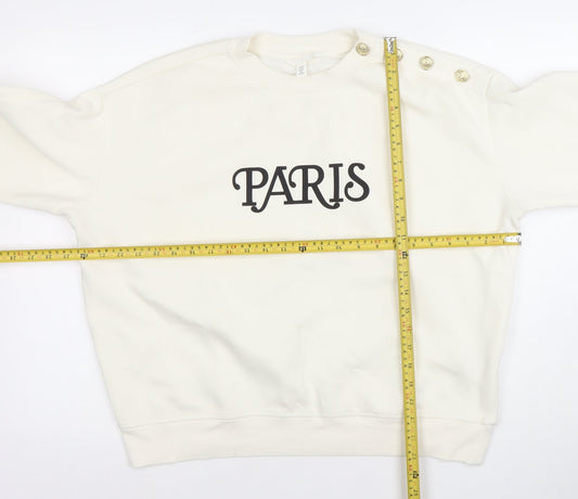 H&M Women Ivory Paris Button Shoulder Sweatshirt Size 12
