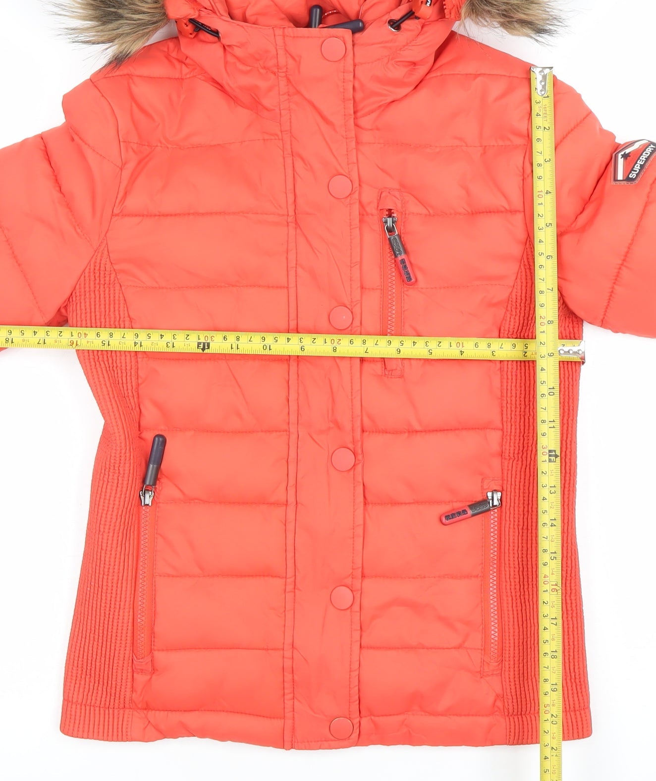 Superdry Womens Red Puffer Jacket Hooded Faux Fur Trim S