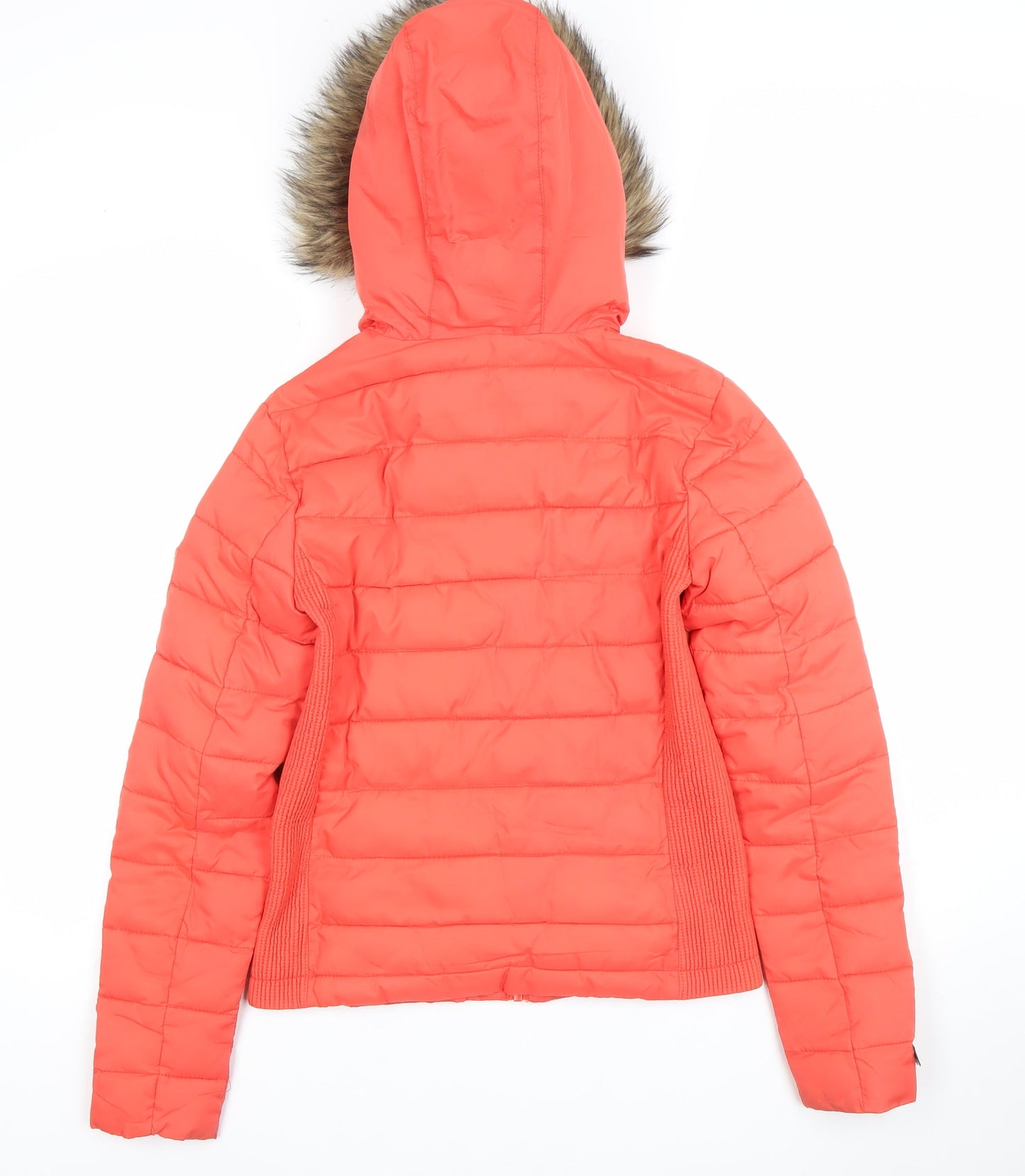 Superdry Womens Red Puffer Jacket Hooded Faux Fur Trim S