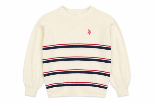 U.S. Polo Assn. Girls Ivory Striped Pullover Jumper 6-8 Years Cotton Crew Neck