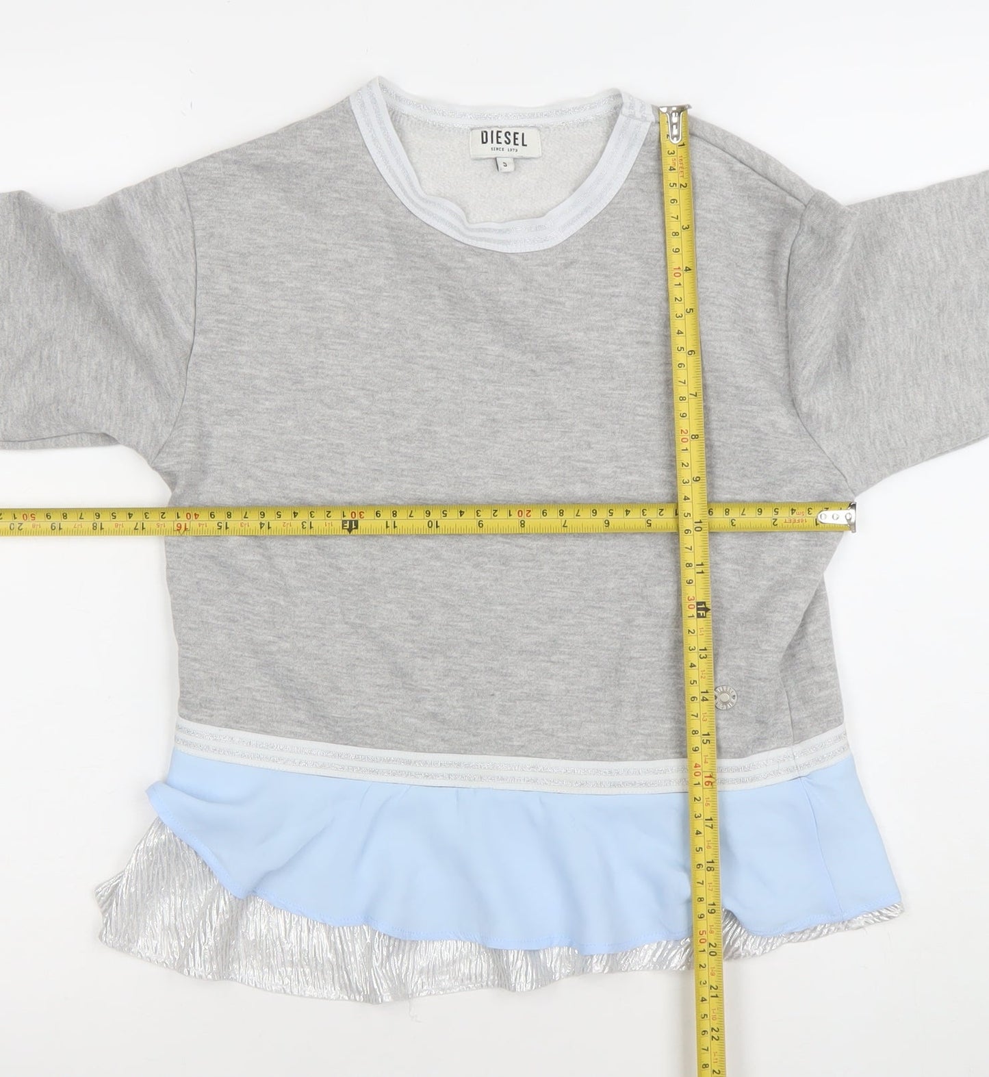 Diesel Womens Grey Blue Ruffle Hem Pullover Sweatshirt Size S