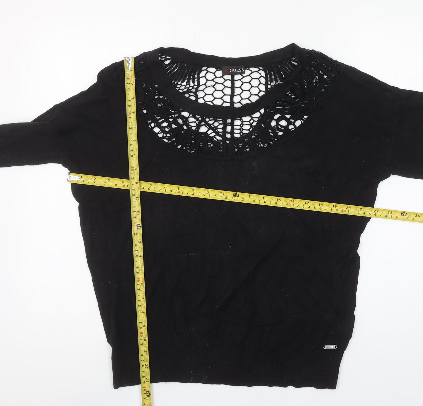 Guess Womens Black Crochet Neck Pullover Jumper Size M