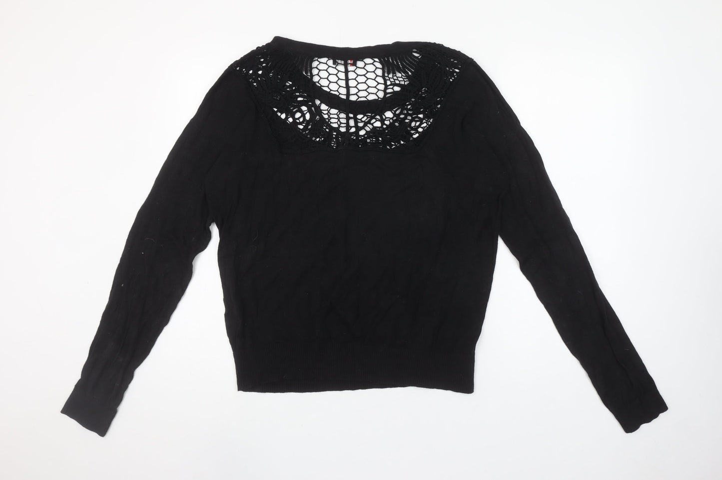 Guess Womens Black Crochet Neck Pullover Jumper Size M