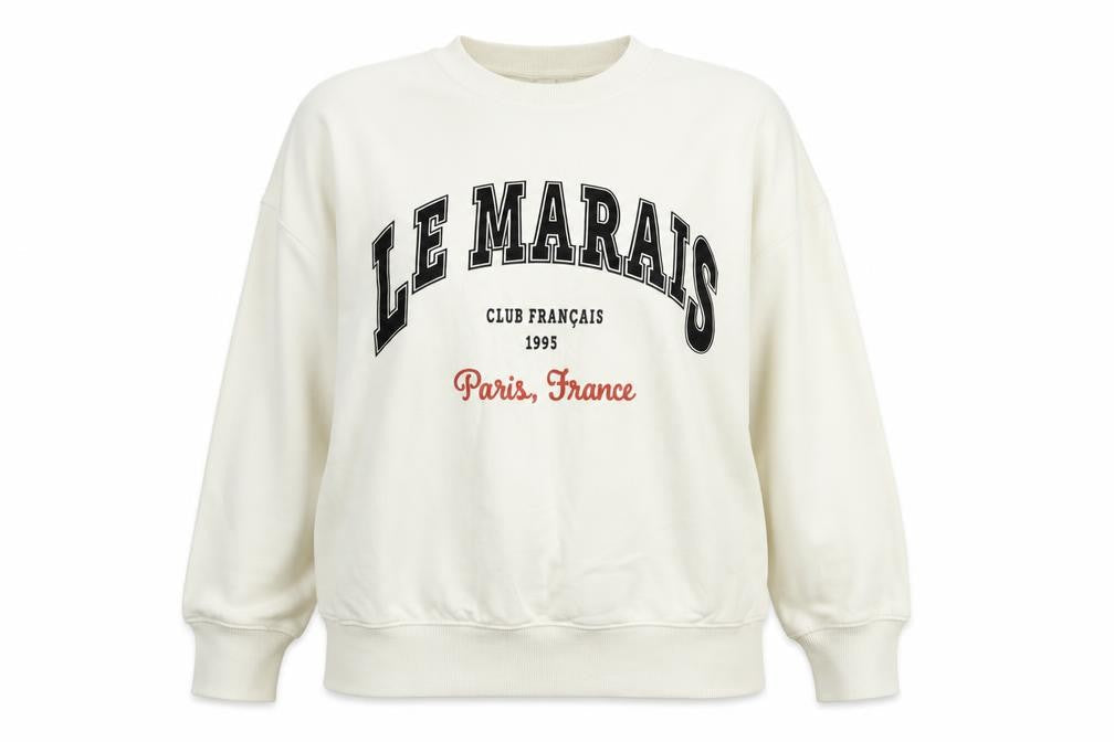 H&M Women Beige Graphic Pullover Sweatshirt Size 12 - Le Marais Paris Print