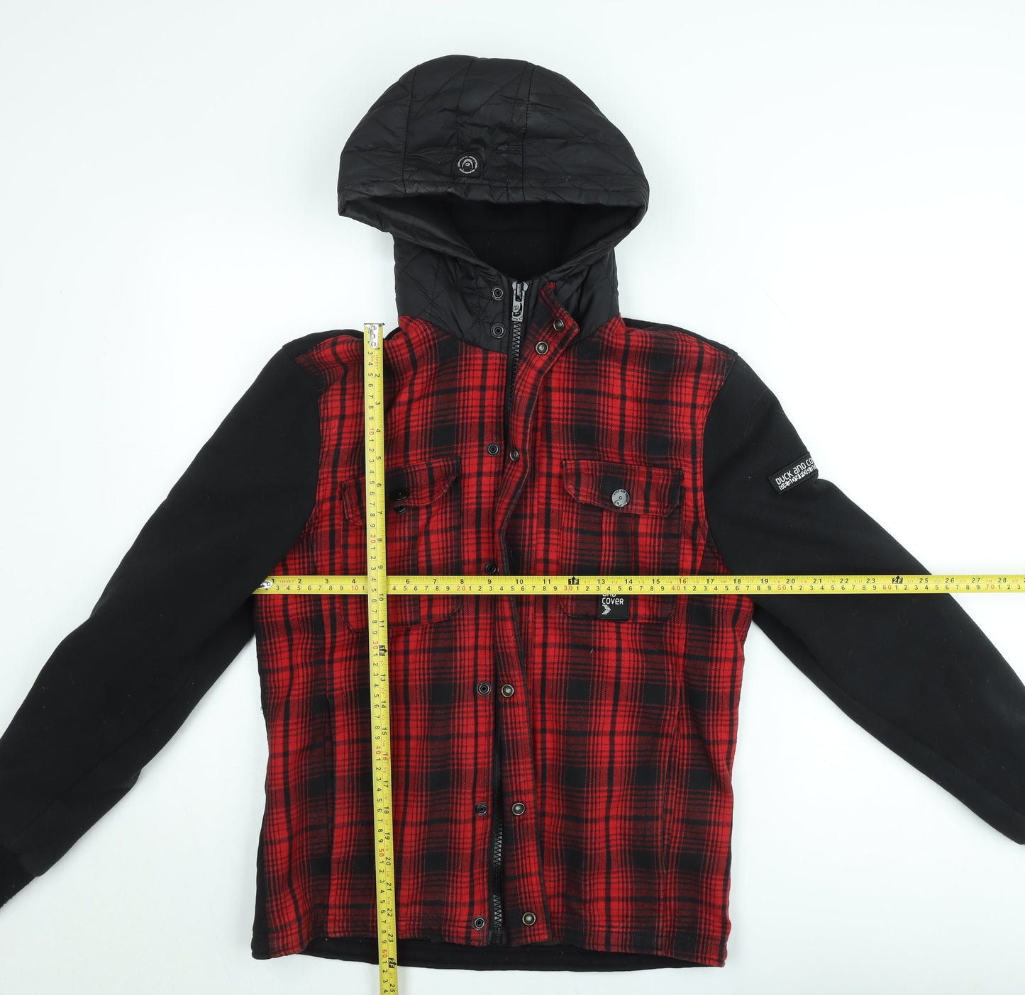 Duck and Cover Men's Red Check Hooded Bomber Jacket Size S