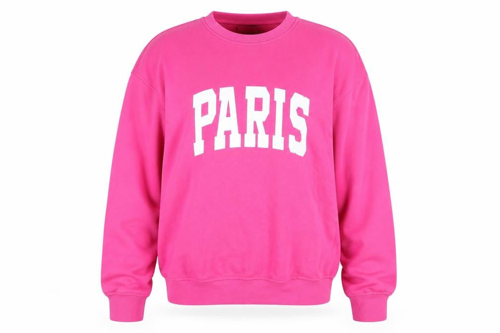 Front view of Dunnes Women's Pink Paris Graphic Pullover Sweatshirt, size M
