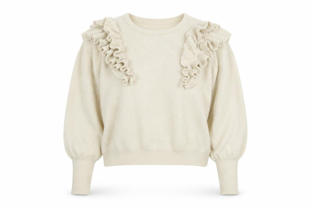 Front view of Only Women Beige Ruffle Knit Jumper Medium Long Sleeve Pullover