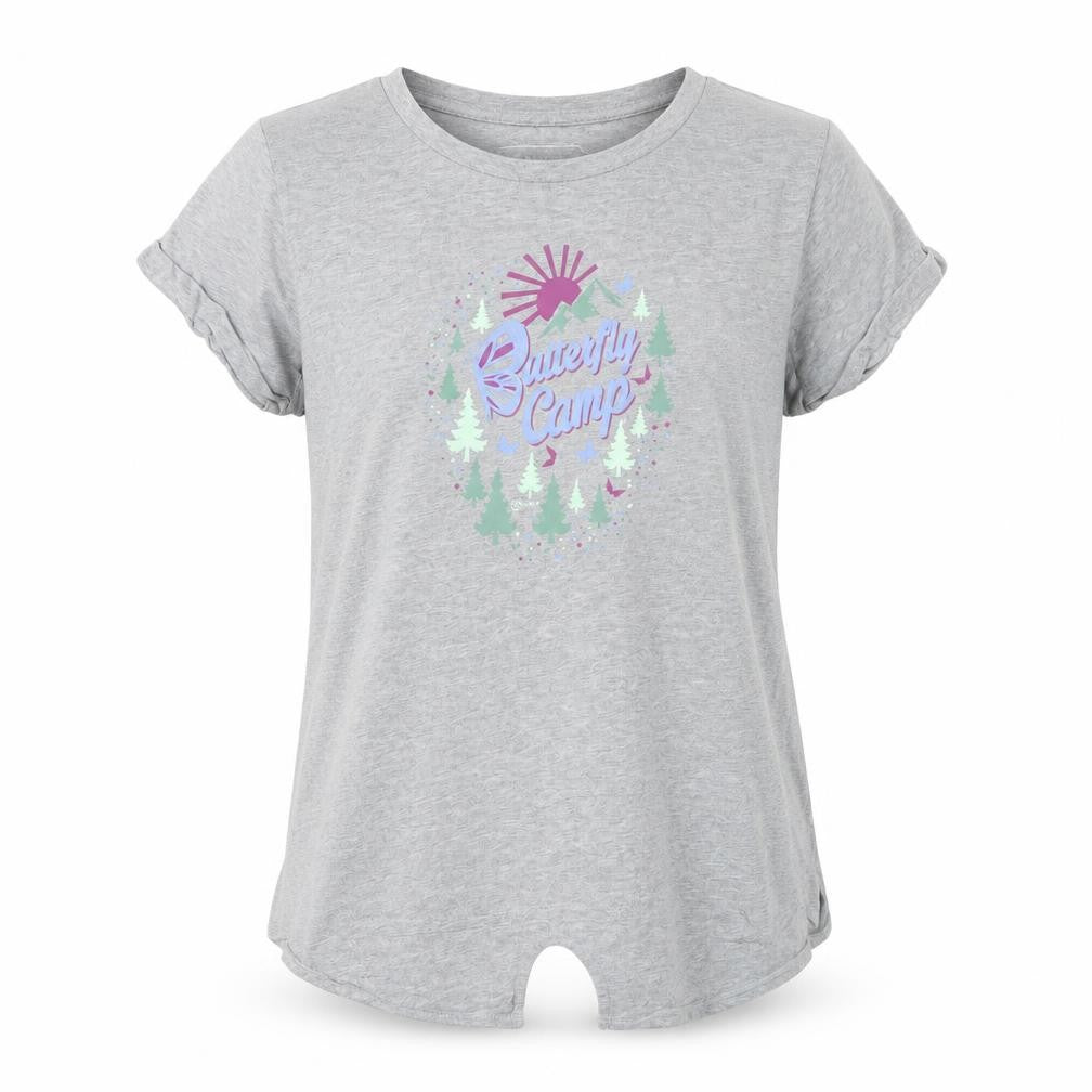 Front view of Hi Gear girls’ grey 13-14 years butterfly camp graphic cotton t-shirt