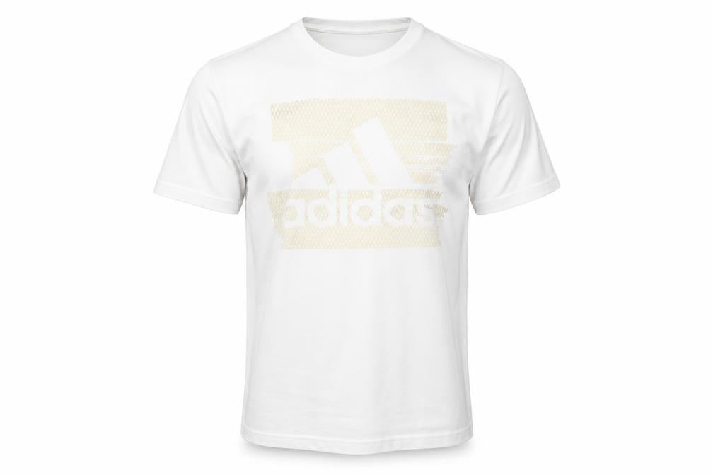Front view of Adidas Men's White Crew Neck Graphic Print T-Shirt, size S