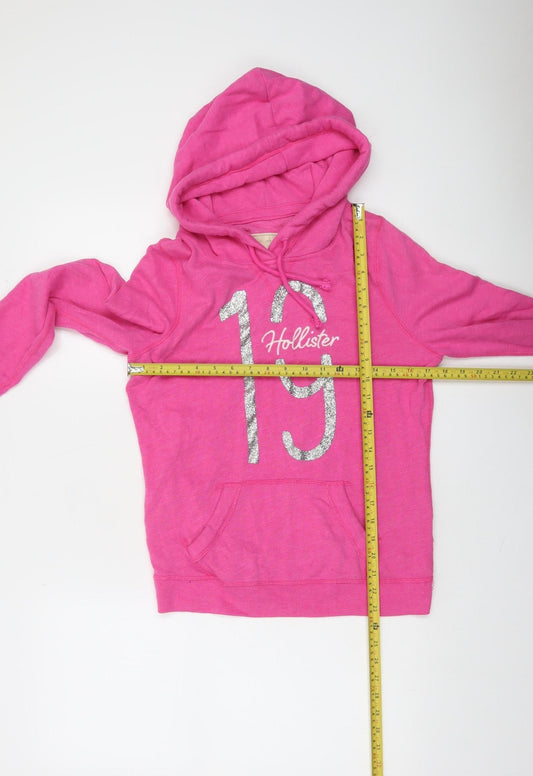Hollister Women Pink Glitter Logo Pullover Hoodie Size M