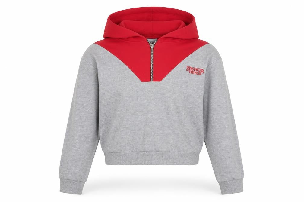 Stranger Things Grey Red XS Women's Hoodie Netflix Half Zip Cotton Blend