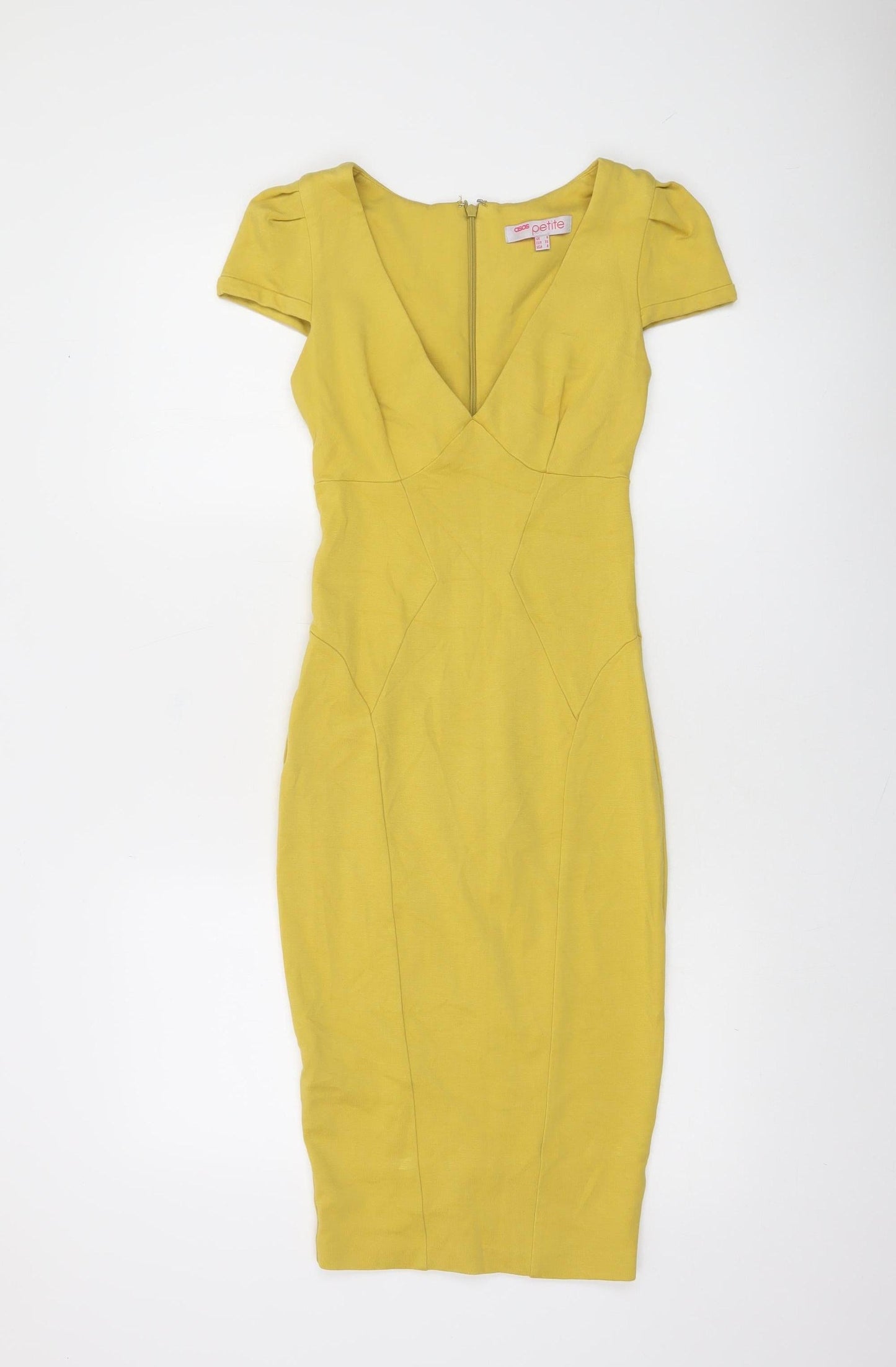 ASOS Petite Yellow Bodycon V-Neck Stretchy Short Sleeve Dress UK 8