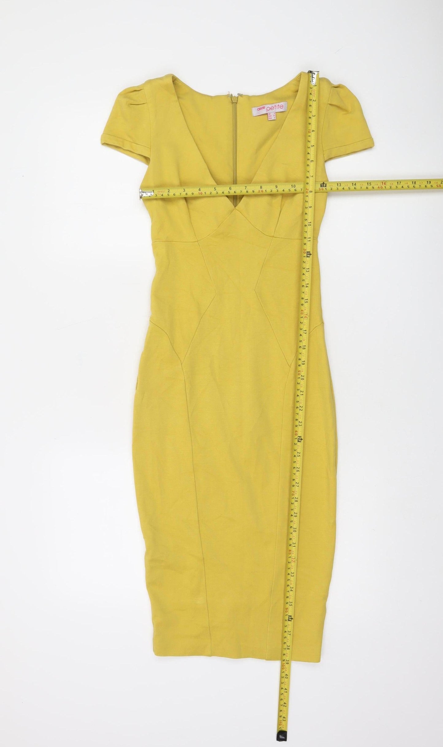 ASOS Petite Yellow Bodycon V-Neck Stretchy Short Sleeve Dress UK 8