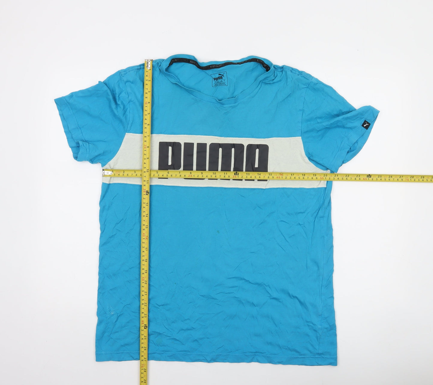 Puma Men's Blue Colourblock Logo Crew Neck Cotton T-Shirt Size L
